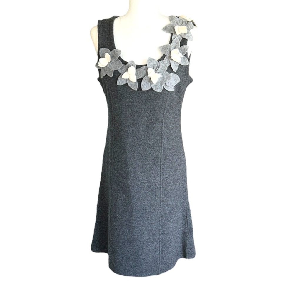Anthropologie Girls From Savoy Gray Merino Wool Floral Appliqué Dress - L
